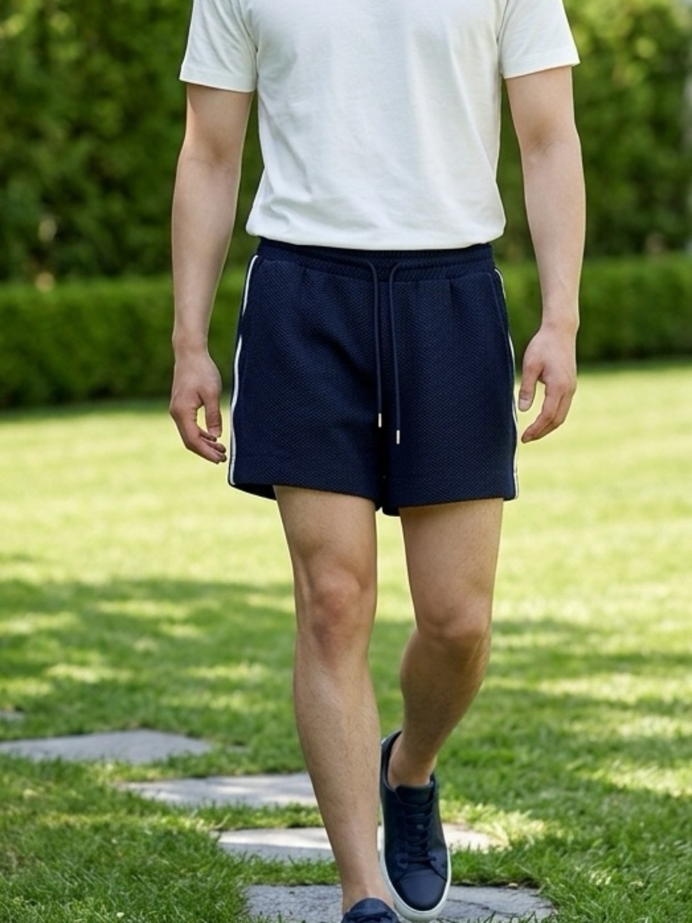 NWT GSTQ Men’s Navy Blue Mesh Shorts with White Stripes Drawstring - Size Medium